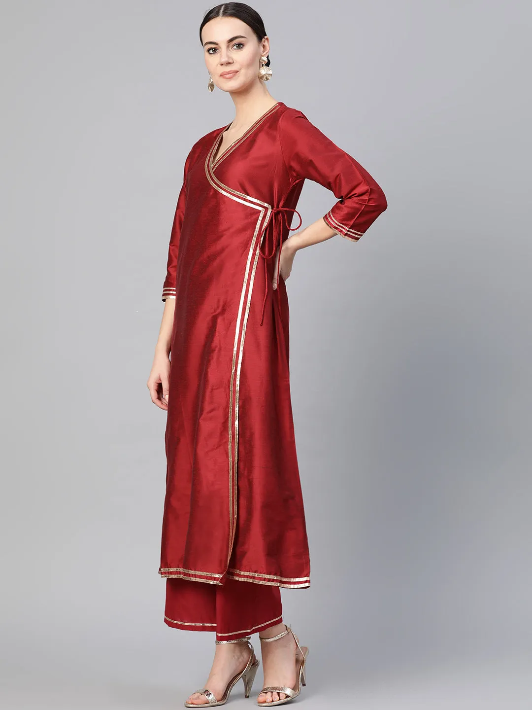 Jashvi Women Maroon Solid Angrakha Kurta with Palazzos