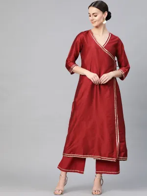 Jashvi Women Maroon Solid Angrakha Kurta with Palazzos