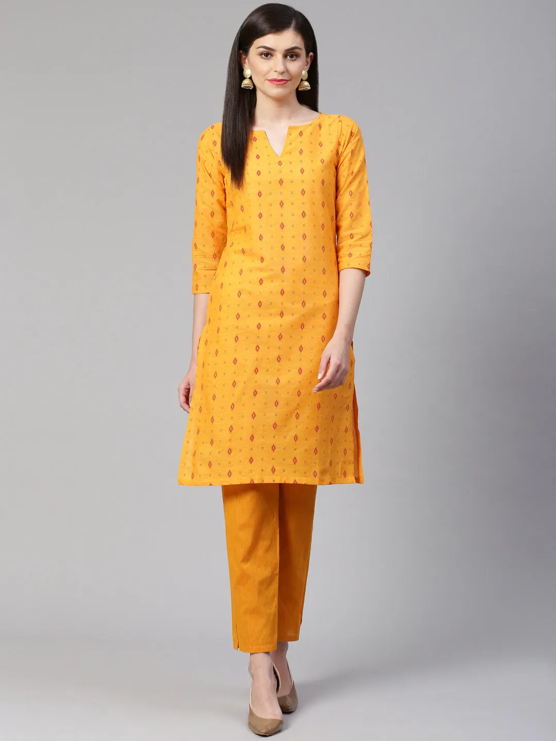 Jashvi Women Mustard Yellow Printed Kurta with Trousers