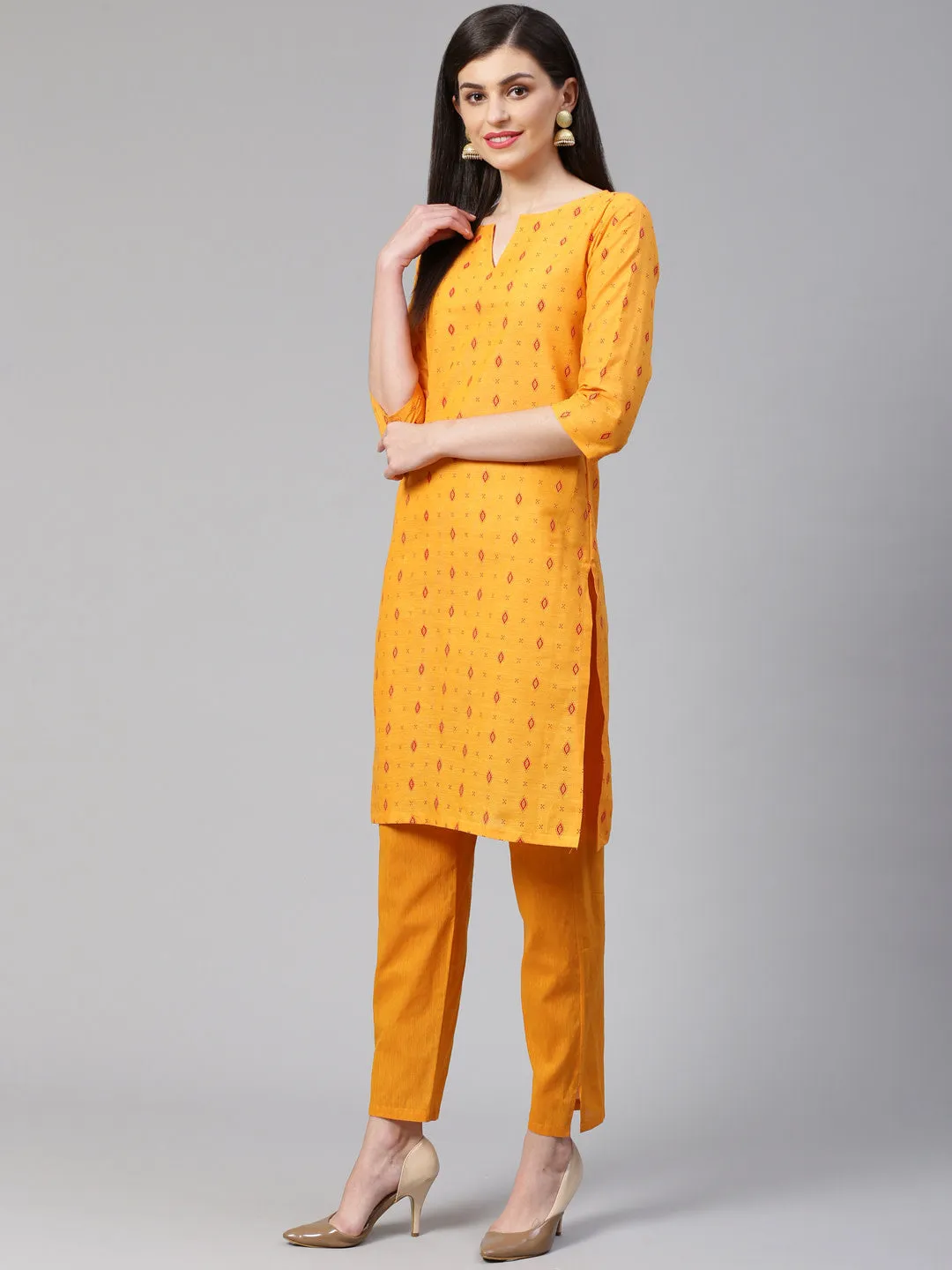 Jashvi Women Mustard Yellow Printed Kurta with Trousers