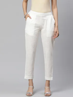 Jashvi Women Off-White Comfort Regular Fit Solid Cotton Cigarette Trousers