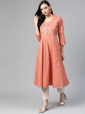 Jashvi Women Orange Woven Design Flaired Kurta