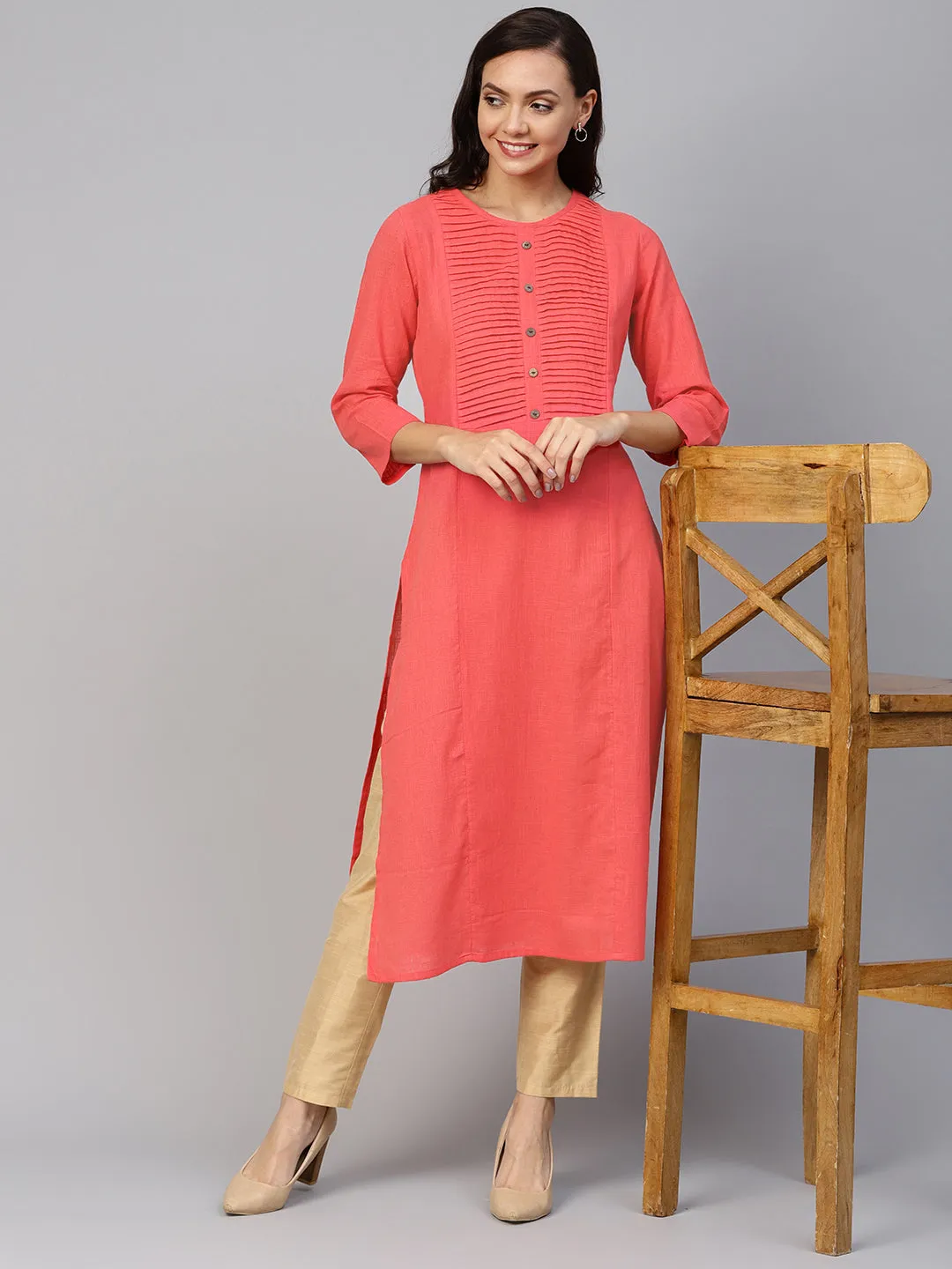 Jashvi Women Peach Cotton Straight Kurta with Pintucks