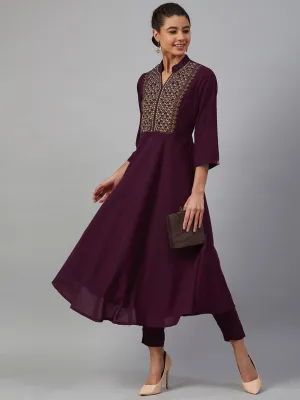 Jashvi Women Purple Embroidered Yoke Design A-Line Kurta