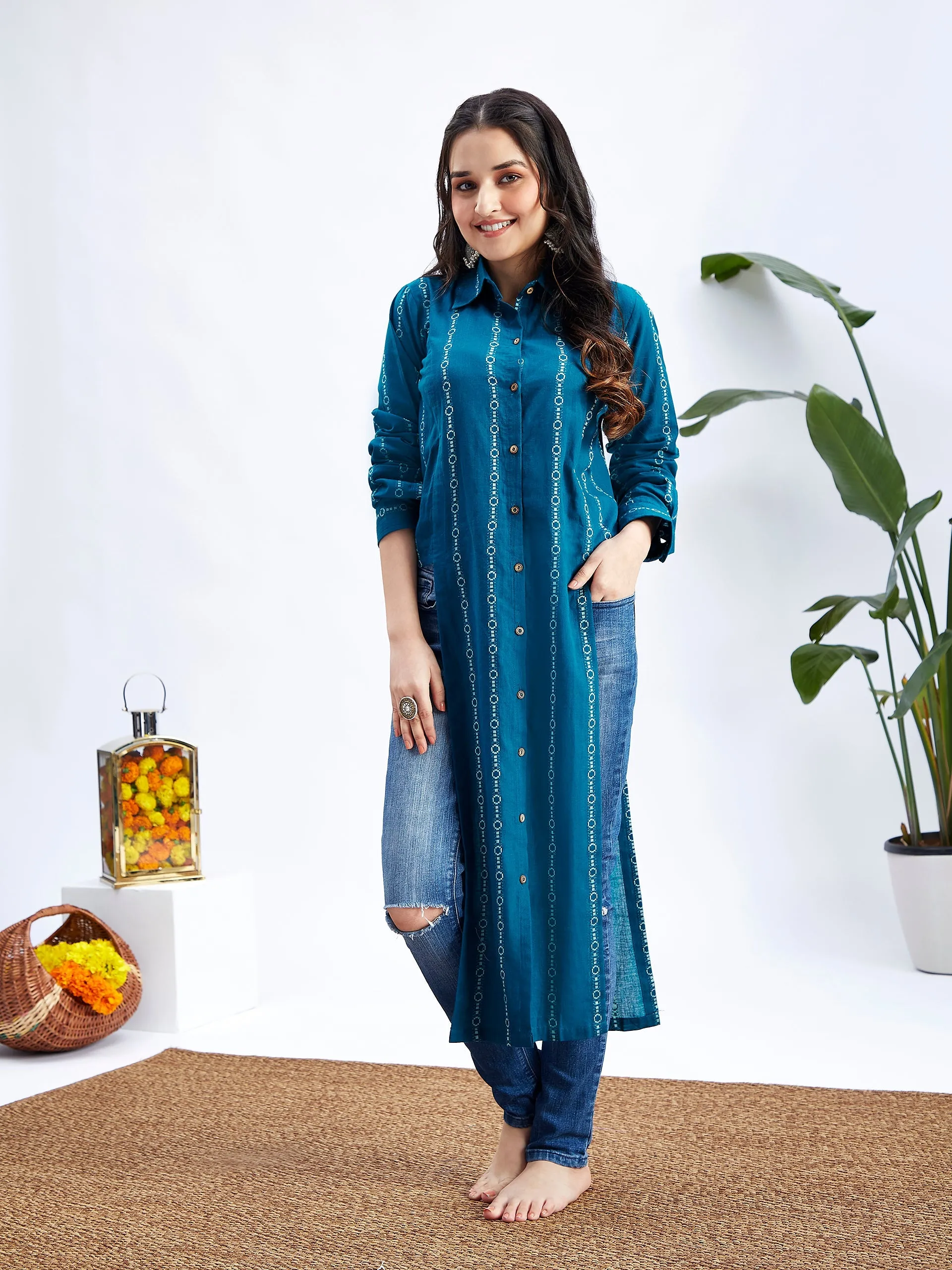 Jashvi Women's Blue Jacquard Cotton Shirt Style Kurta