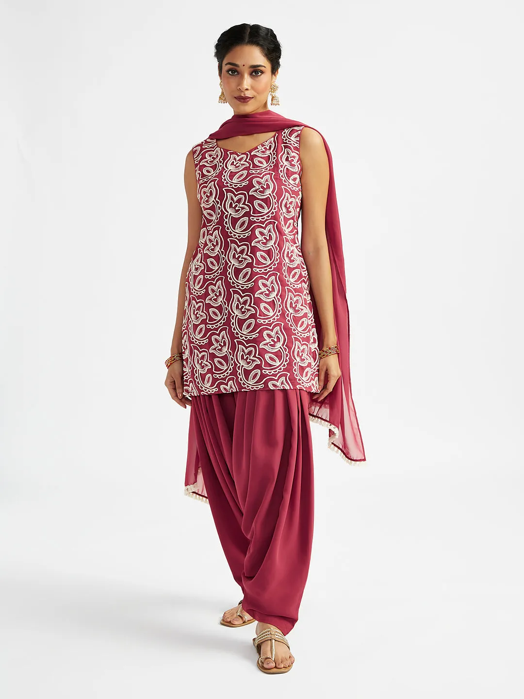 Jashvi Women's Maroon Kurta Patiala Set