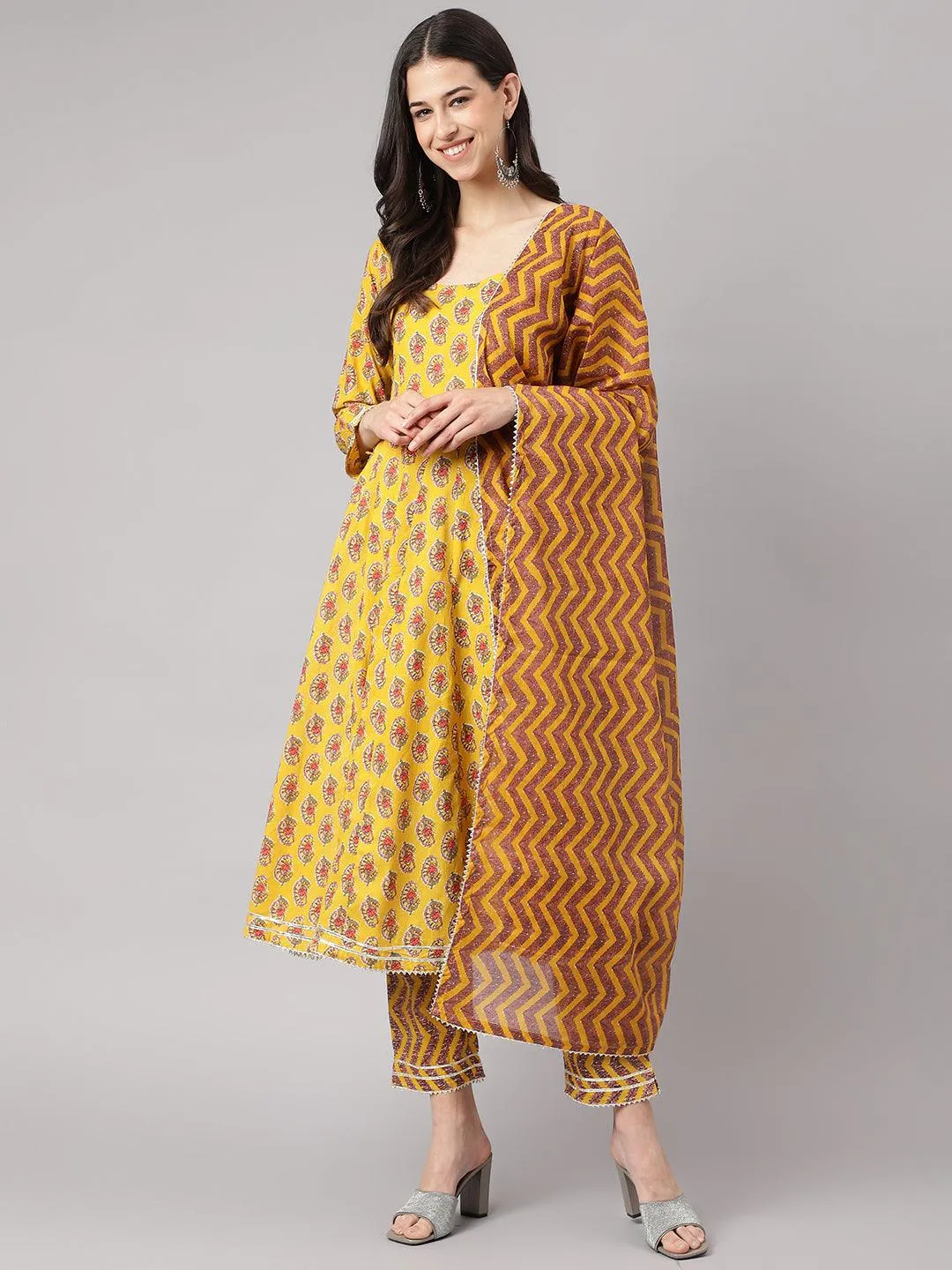 Jashvi Yellow Cotton Anarkali Kurta Pant Set with Dupatta