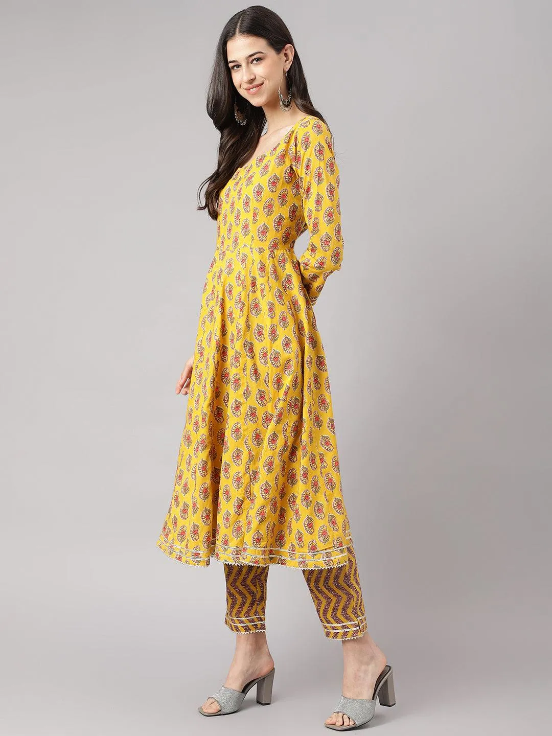 Jashvi Yellow Cotton Anarkali Kurta Pant Set with Dupatta