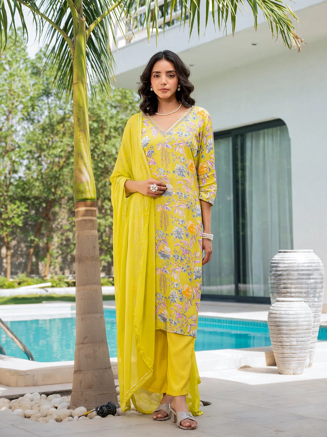 Jashvi Yellow Embroidered Floral Print Muslin Kurta Set