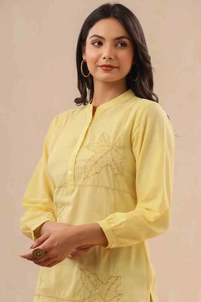 Jashvi Yellow Ethnic Motif Printed Cotton Slub Kurta With Thread & Sequins Work Embroidery