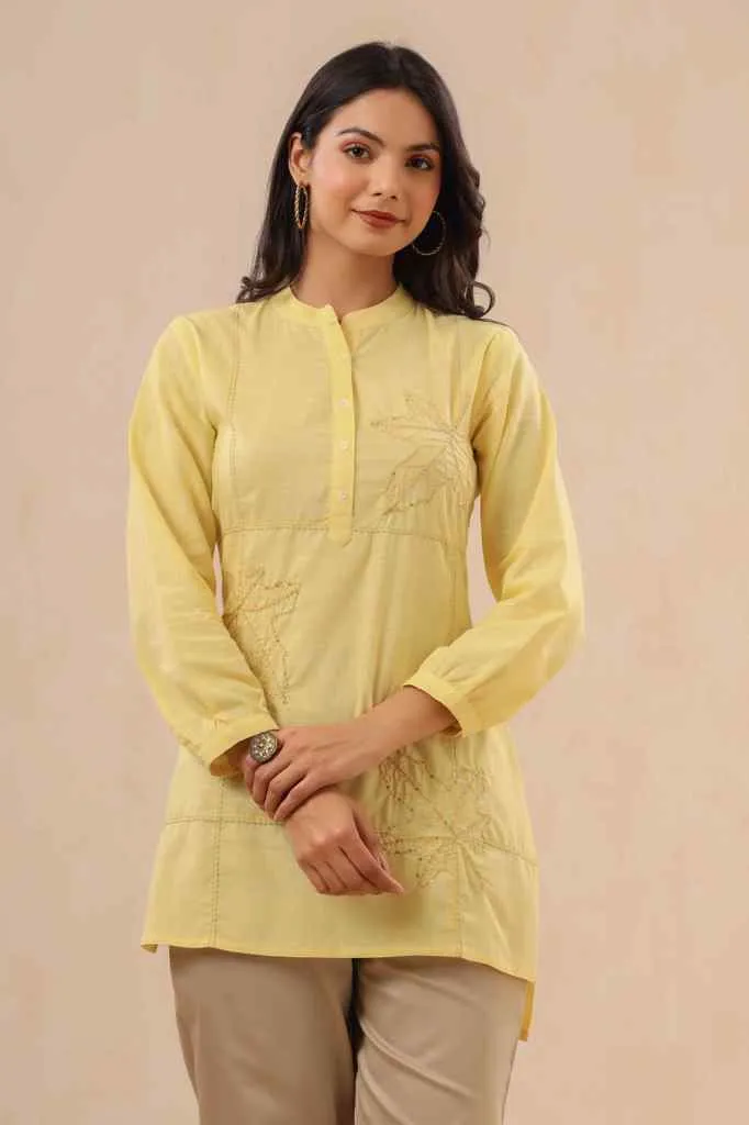 Jashvi Yellow Ethnic Motif Printed Cotton Slub Kurta With Thread & Sequins Work Embroidery