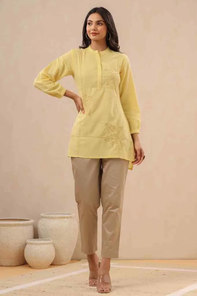 Jashvi Yellow Ethnic Motif Printed Cotton Slub Kurta With Thread & Sequins Work Embroidery