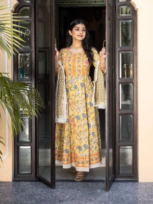 Jashvi Yellow Floral anarkali Pant Set with Dupatta