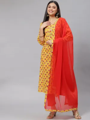 Jashvi Yellow Floral Cotton Kurta Pant Set with Dupatta