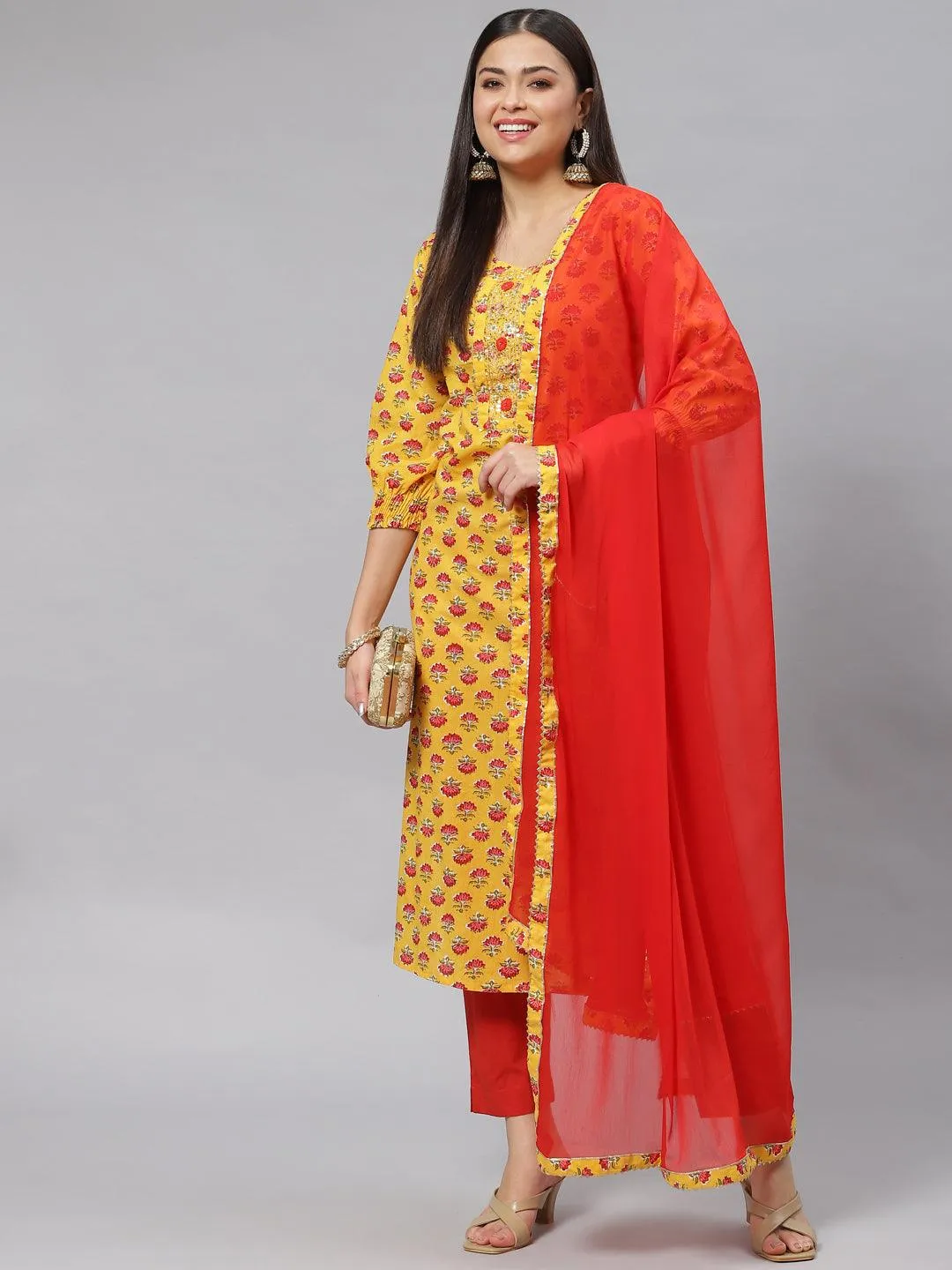 Jashvi Yellow Floral Cotton Kurta Pant Set with Dupatta