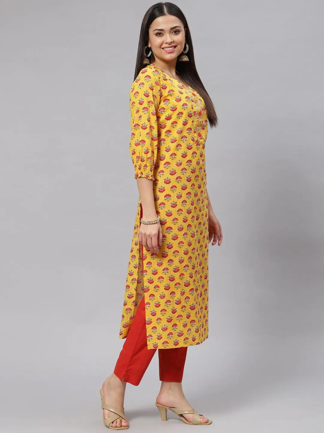 Jashvi Yellow Floral Cotton Kurta Pant Set with Dupatta