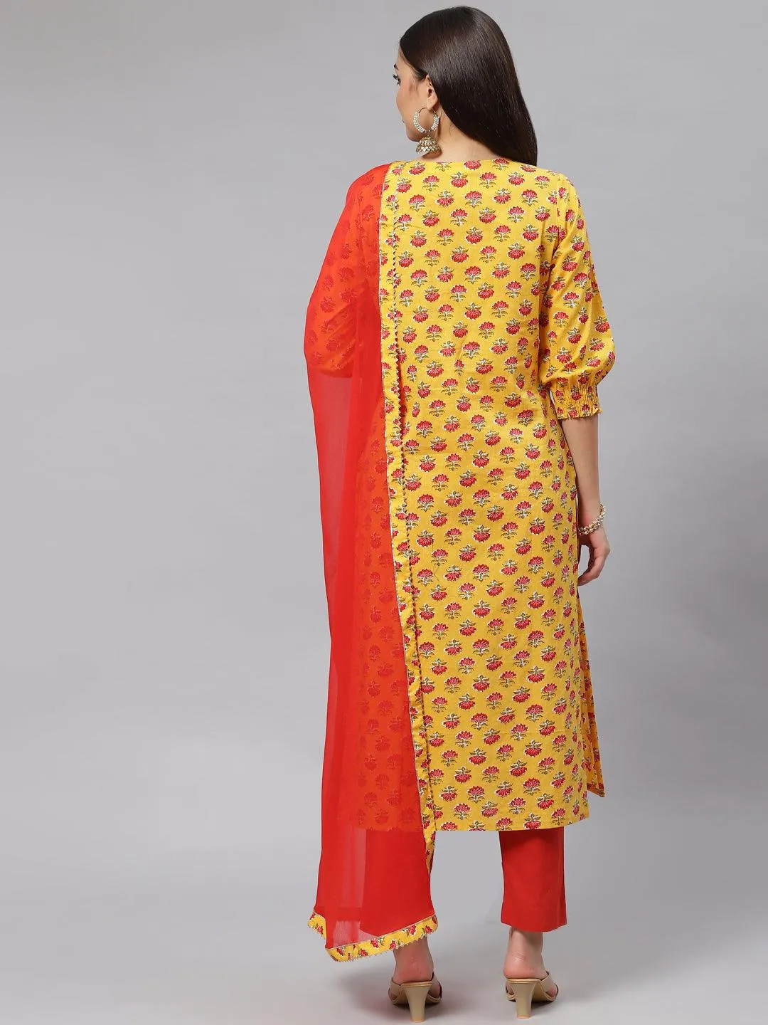 Jashvi Yellow Floral Cotton Kurta Pant Set with Dupatta