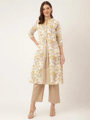 Jashvi Yellow Floral Print Cotton A-Line kurta