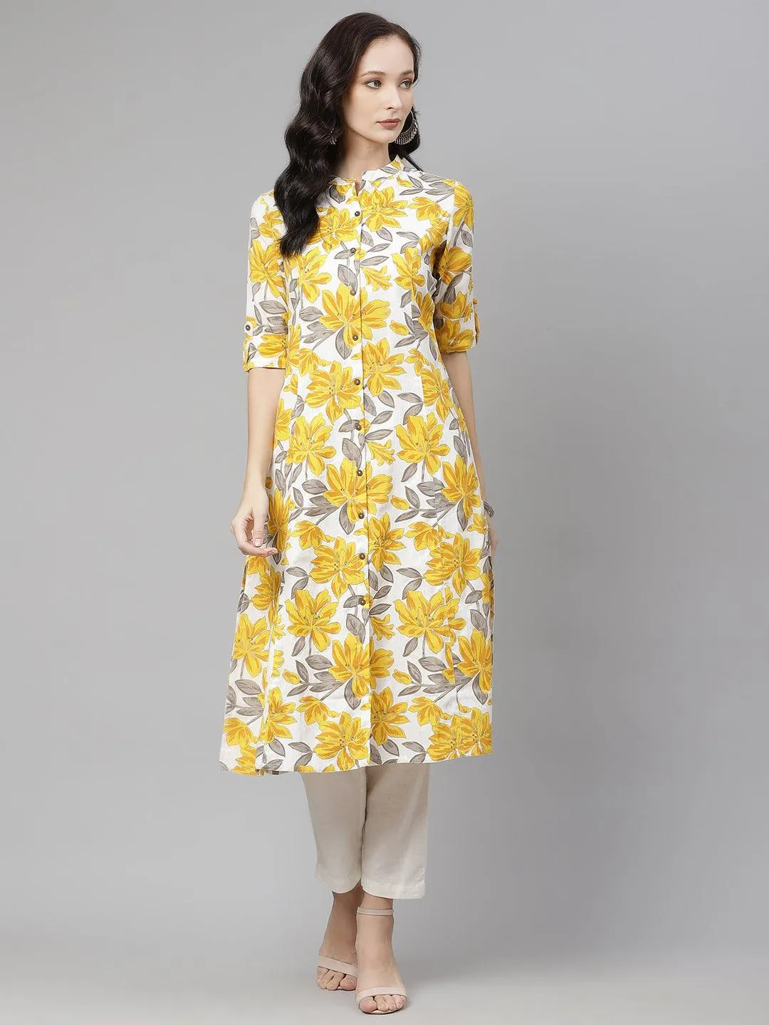 Jashvi Yellow Floral Print Pure Cotton A-line Kurta