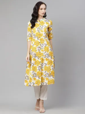 Jashvi Yellow Floral Print Pure Cotton A-line Kurta