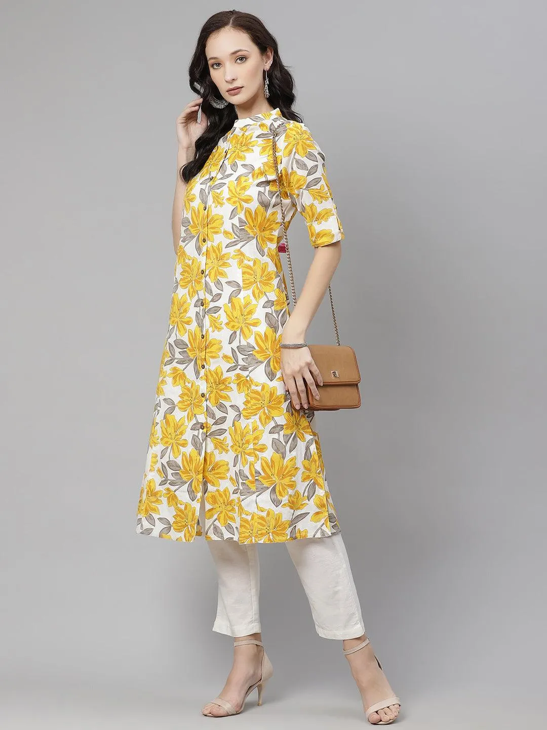 Jashvi Yellow Floral Print Pure Cotton A-line Kurta