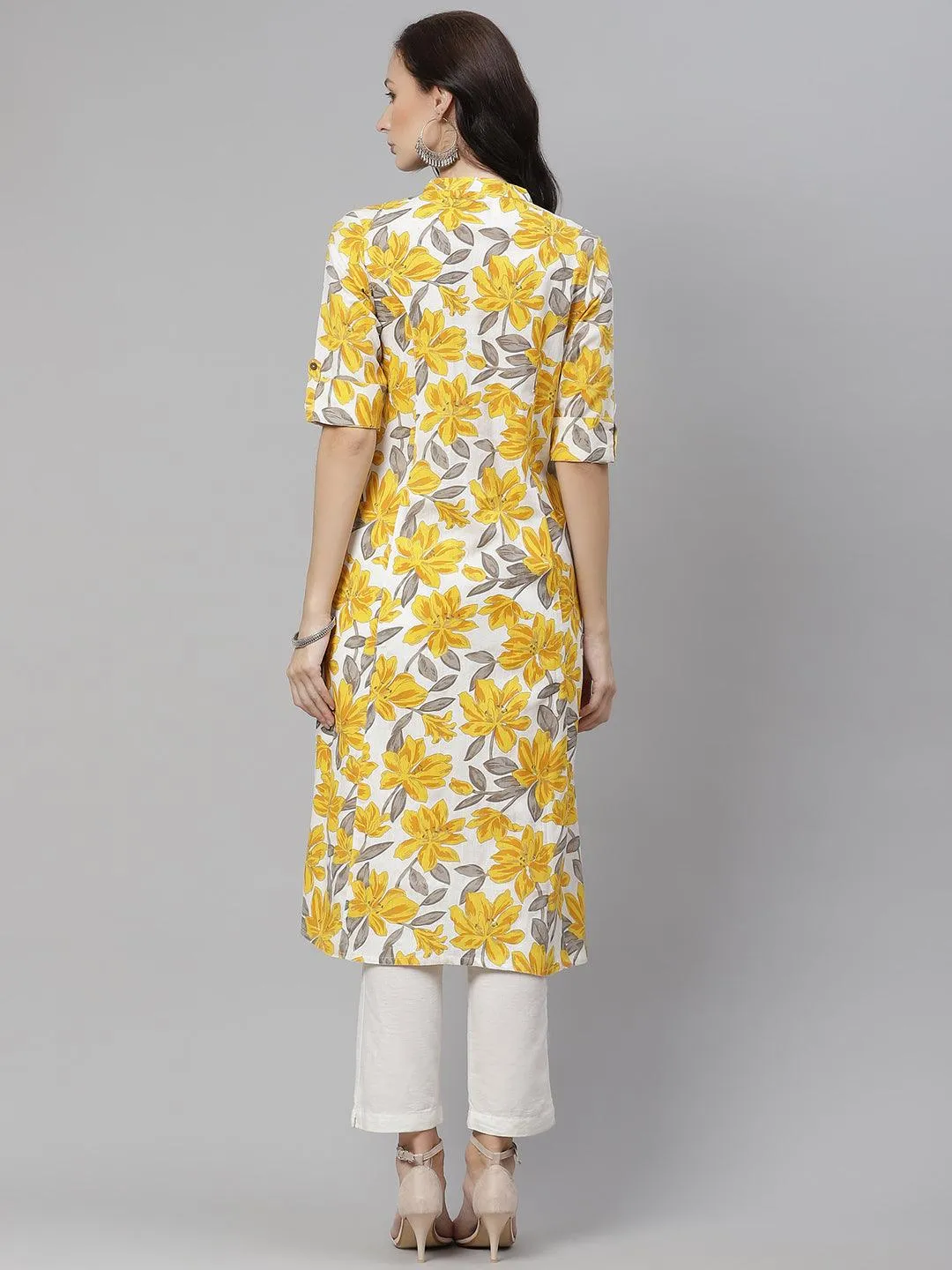 Jashvi Yellow Floral Print Pure Cotton A-line Kurta