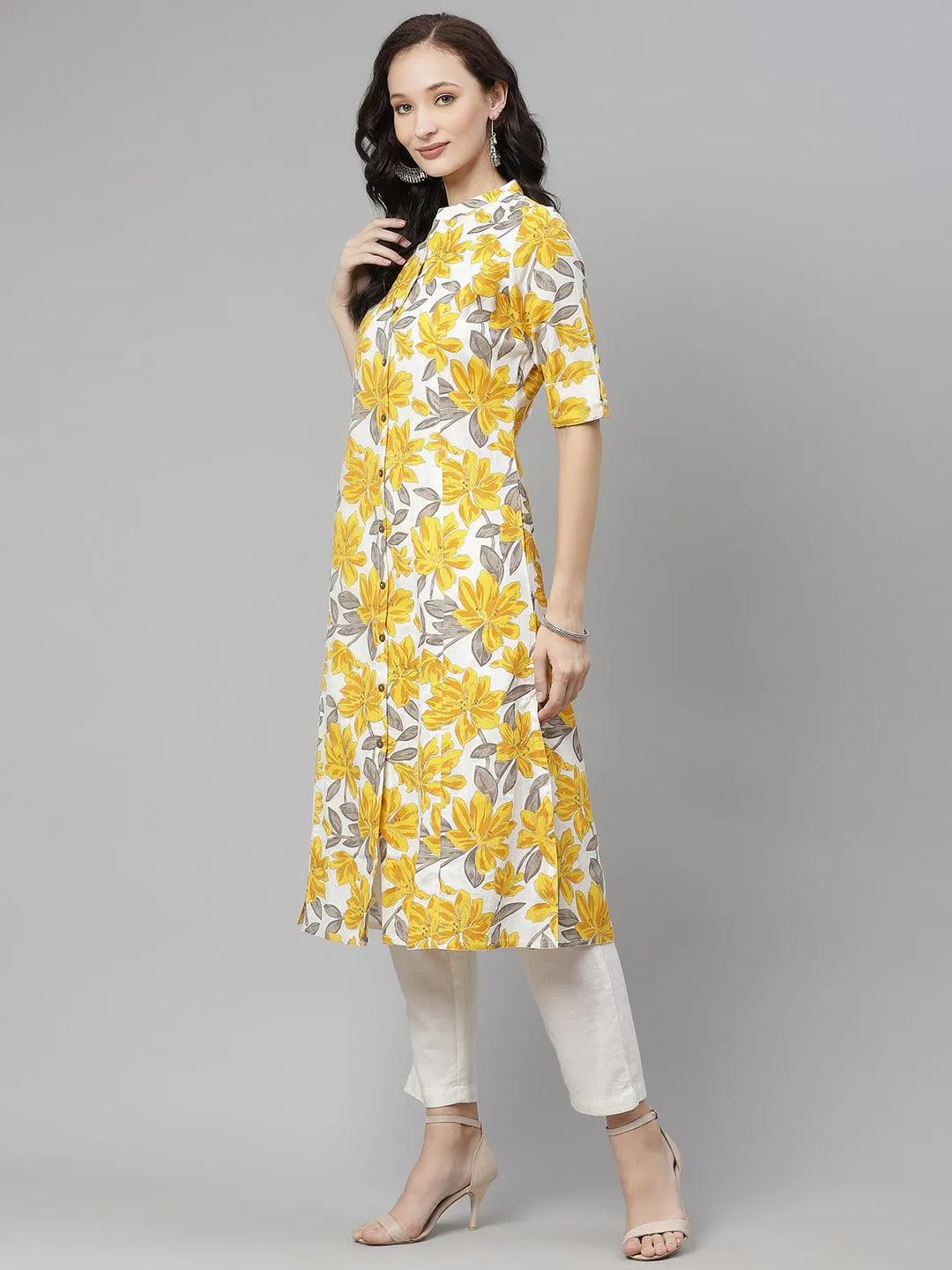 Jashvi Yellow Floral Print Pure Cotton A-line Kurta