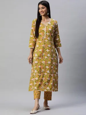 Jashvi Yellow Floral Printed Straight Kurta Pant Sets