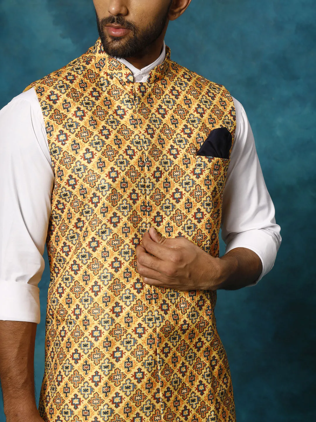 Jashvi Yellow Geometric Print Embellished Nehru Jacket