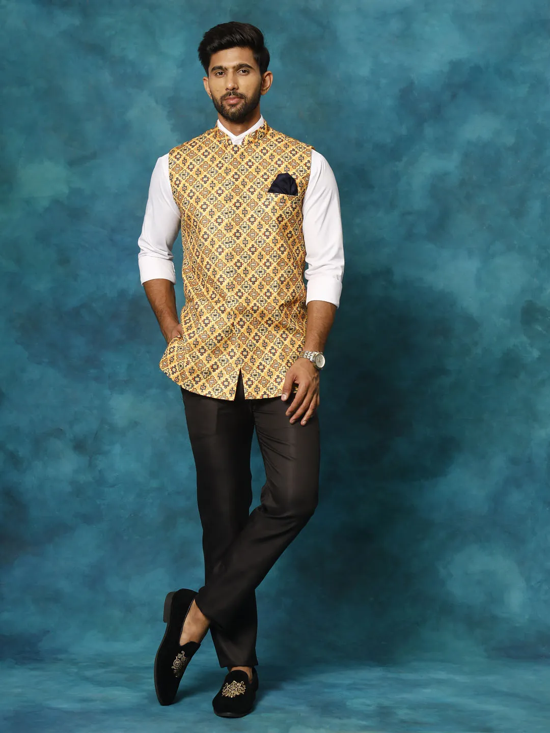 Jashvi Yellow Geometric Print Embellished Nehru Jacket