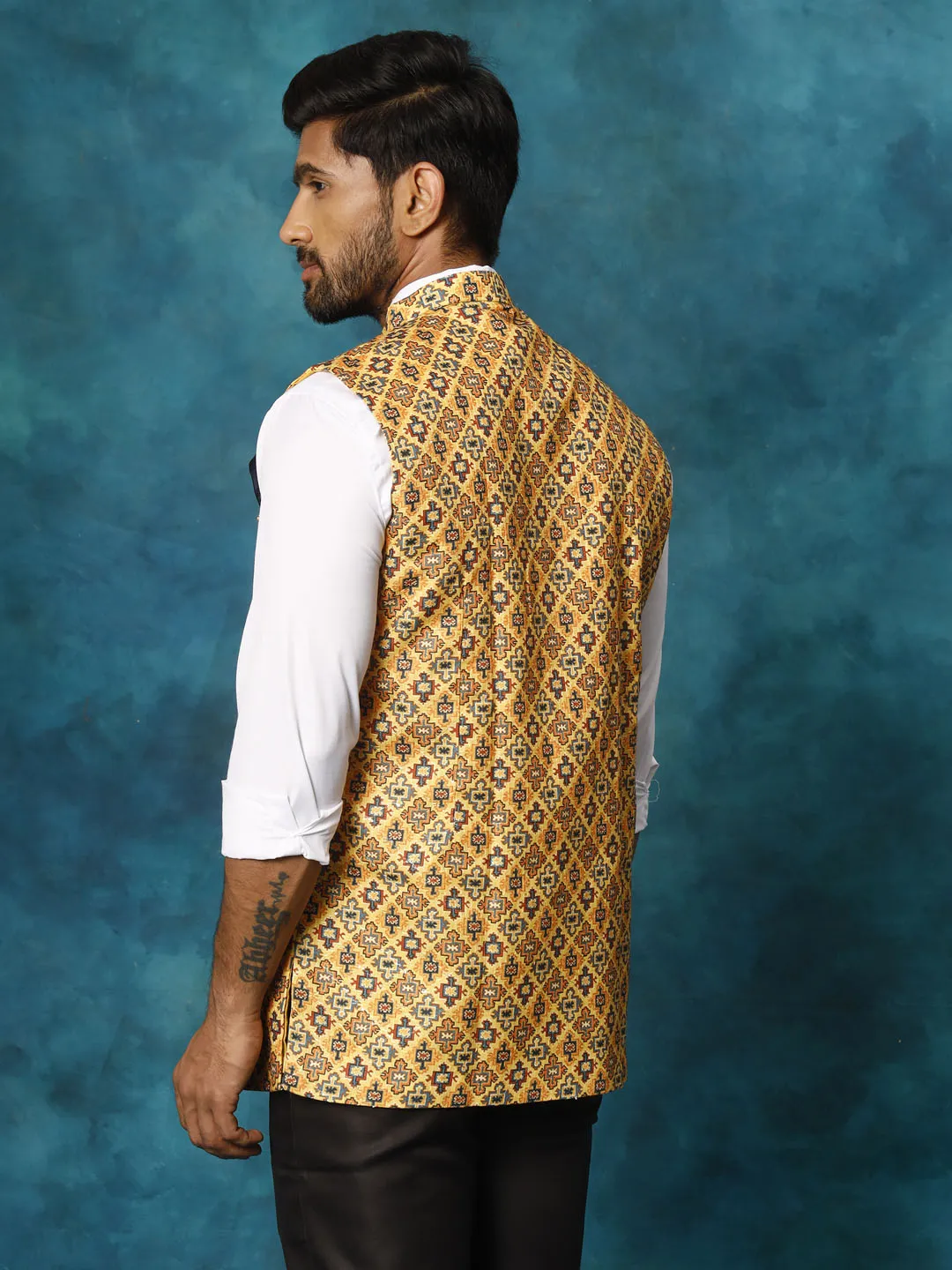 Jashvi Yellow Geometric Print Embellished Nehru Jacket