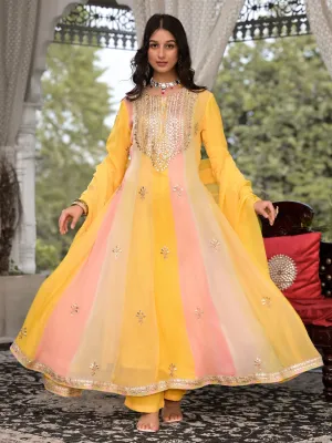 Jashvi Yellow Gota Patti Embroidered Banarsi Georgette Kurta Set with Organza Dupatta