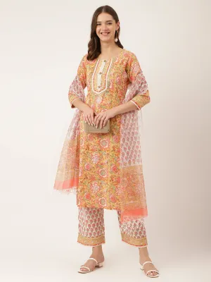 Jashvi Yellow Hand Block Floral Print Cotton  Kurta, Trouser With Dupatta