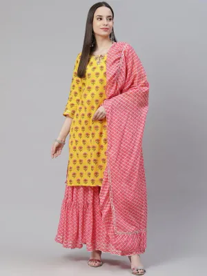 Jashvi Yellow Printed Kurta with Lahariya Sharara and Ruffled Dupatta Set