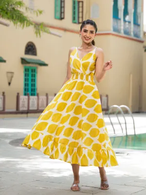 Jashvi Yellow Printed Pure Cotton Fit & Flare Dress