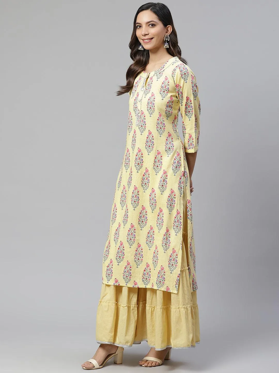 Jashvi Yellow Rayon Printed Kurti Sharara Set