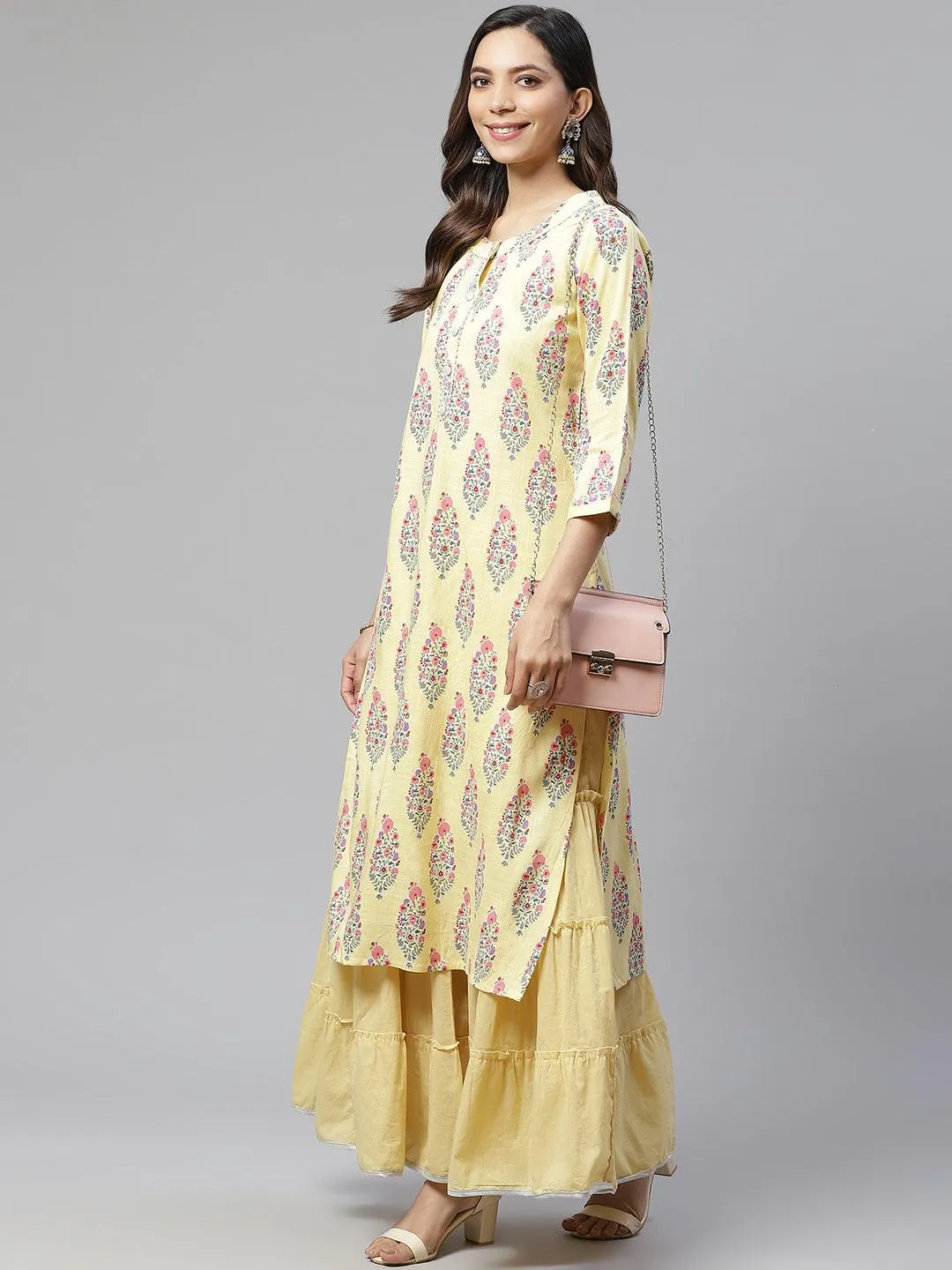 Jashvi Yellow Rayon Printed Kurti Sharara Set