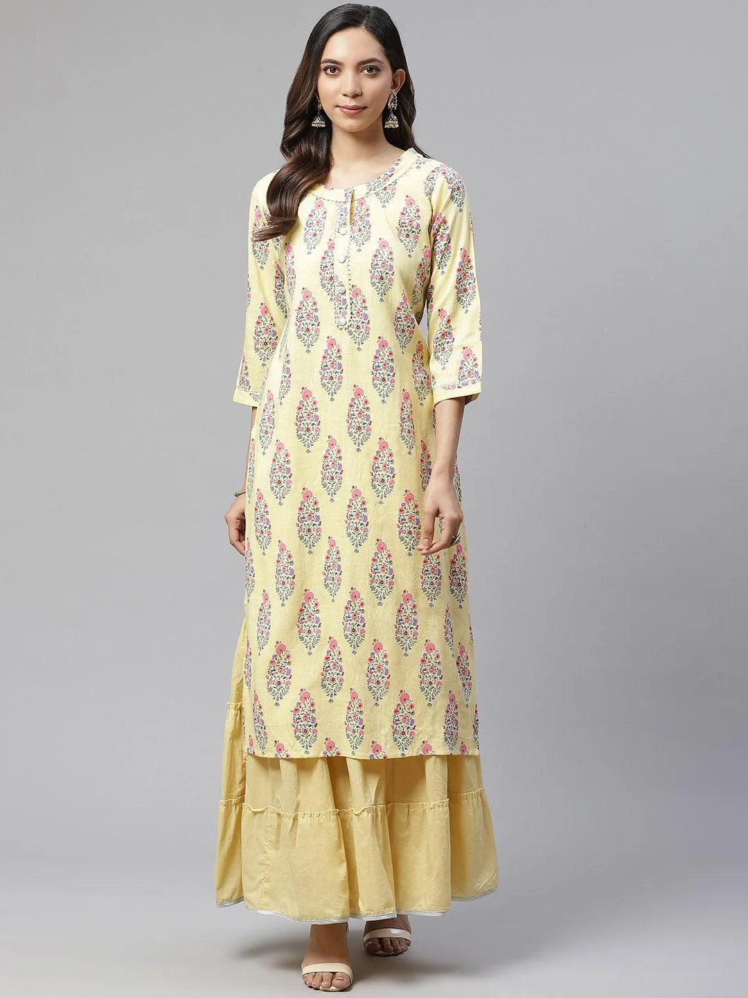 Jashvi Yellow Rayon Printed Kurti Sharara Set