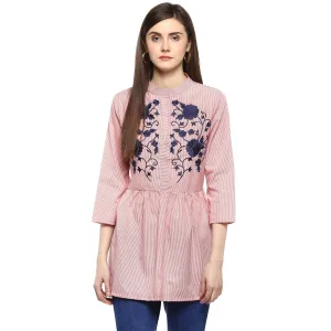 Jashvi Red Striped Embroidered Shirt Style Top