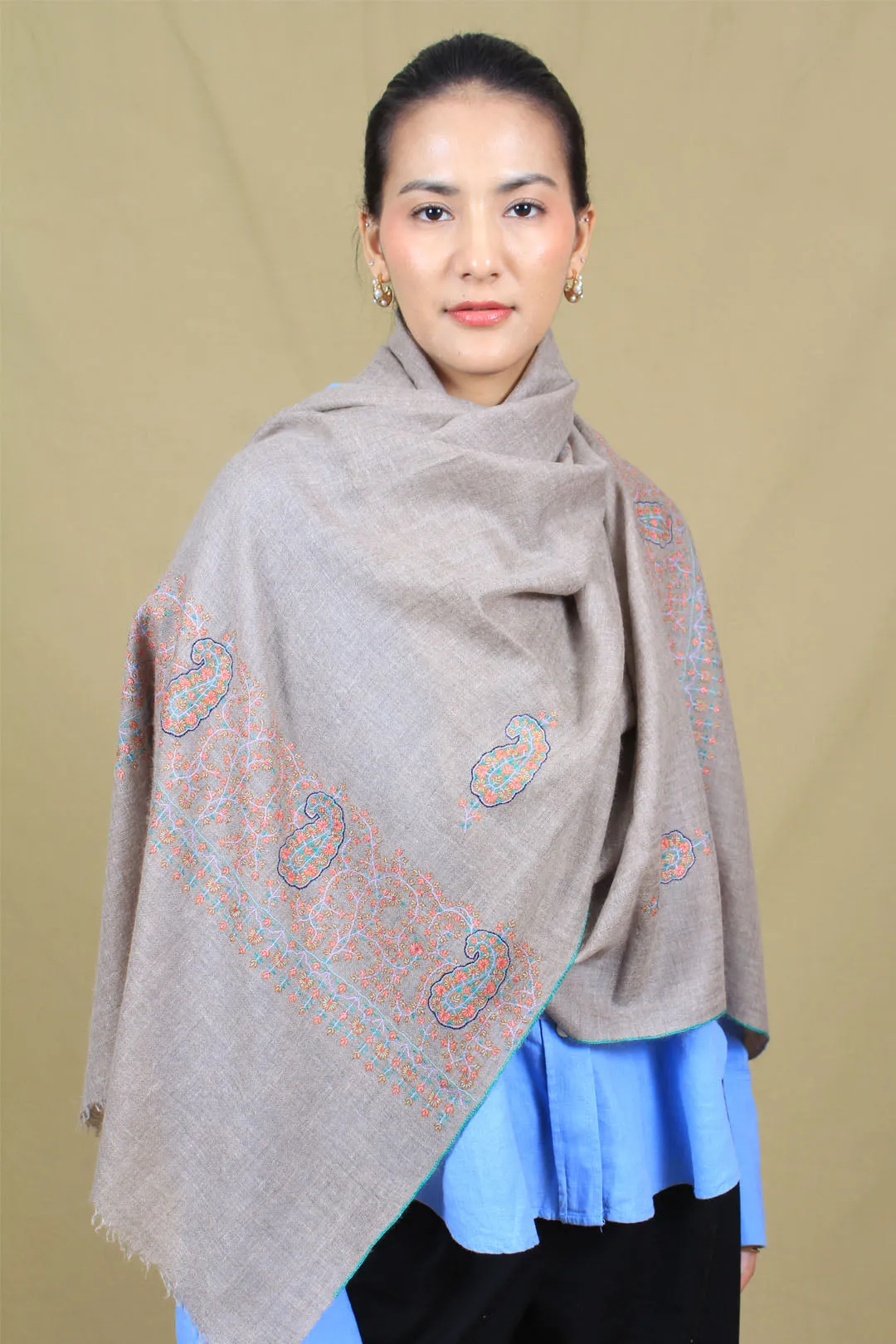 Jasmine Classic Taupe Paldar & Buti Embroidered Pashmina Stole