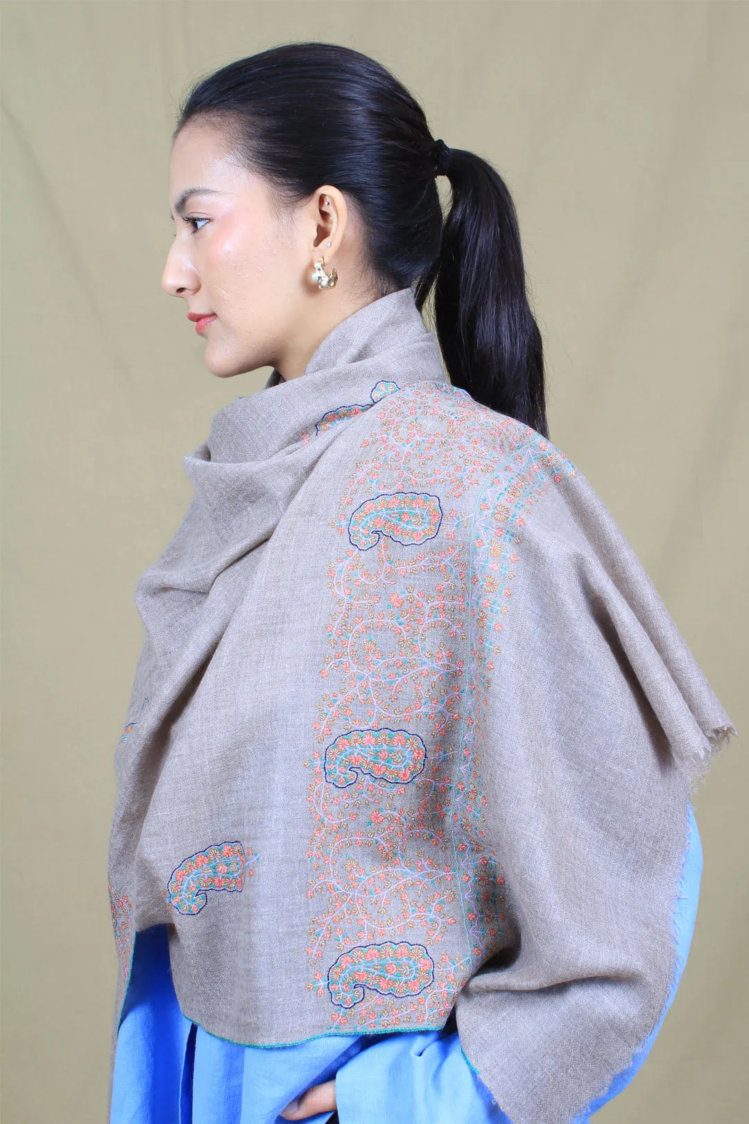 Jasmine Classic Taupe Paldar & Buti Embroidered Pashmina Stole