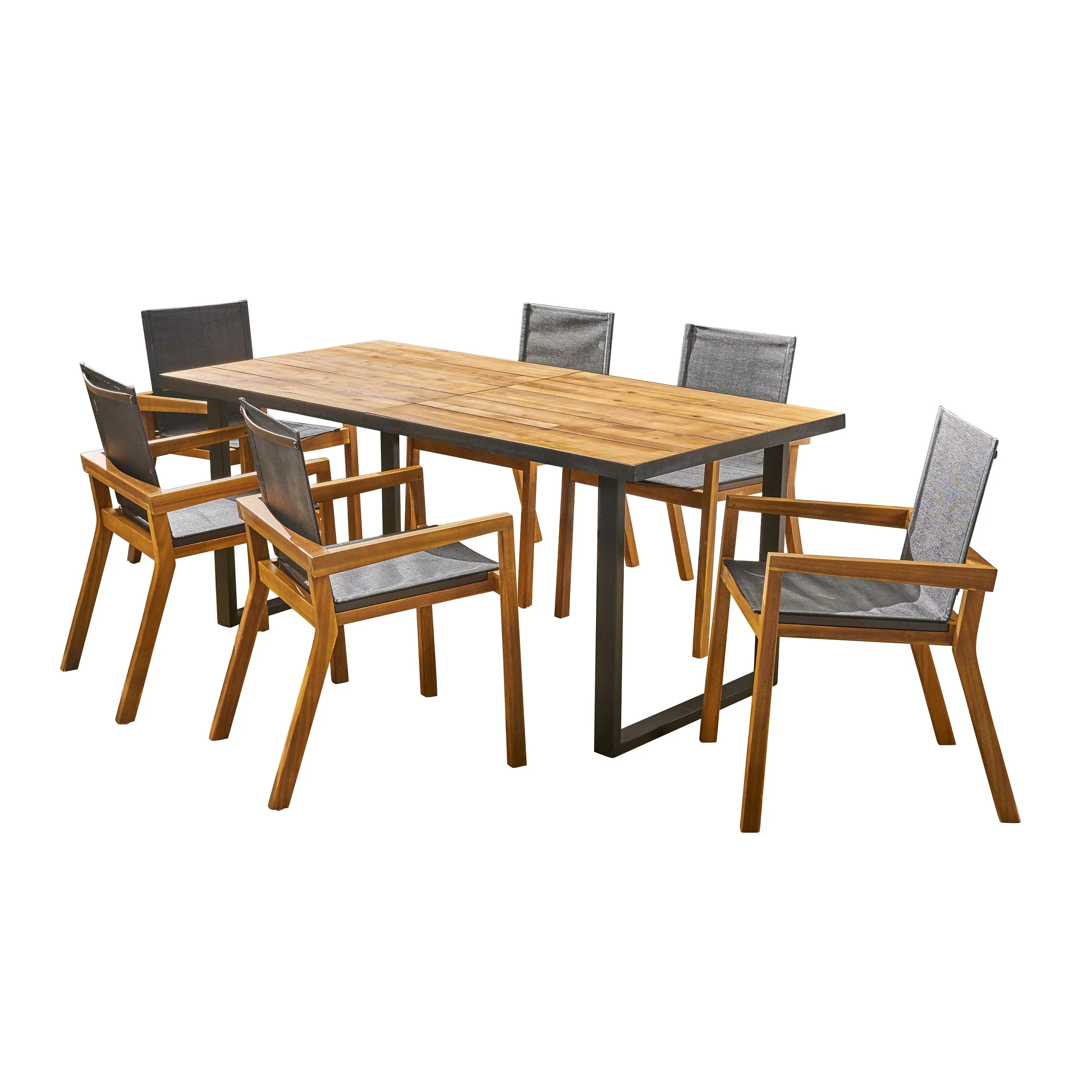 Jasmine Outdoor Acacia Wood 7 Piece Dining Set with Mesh Seats