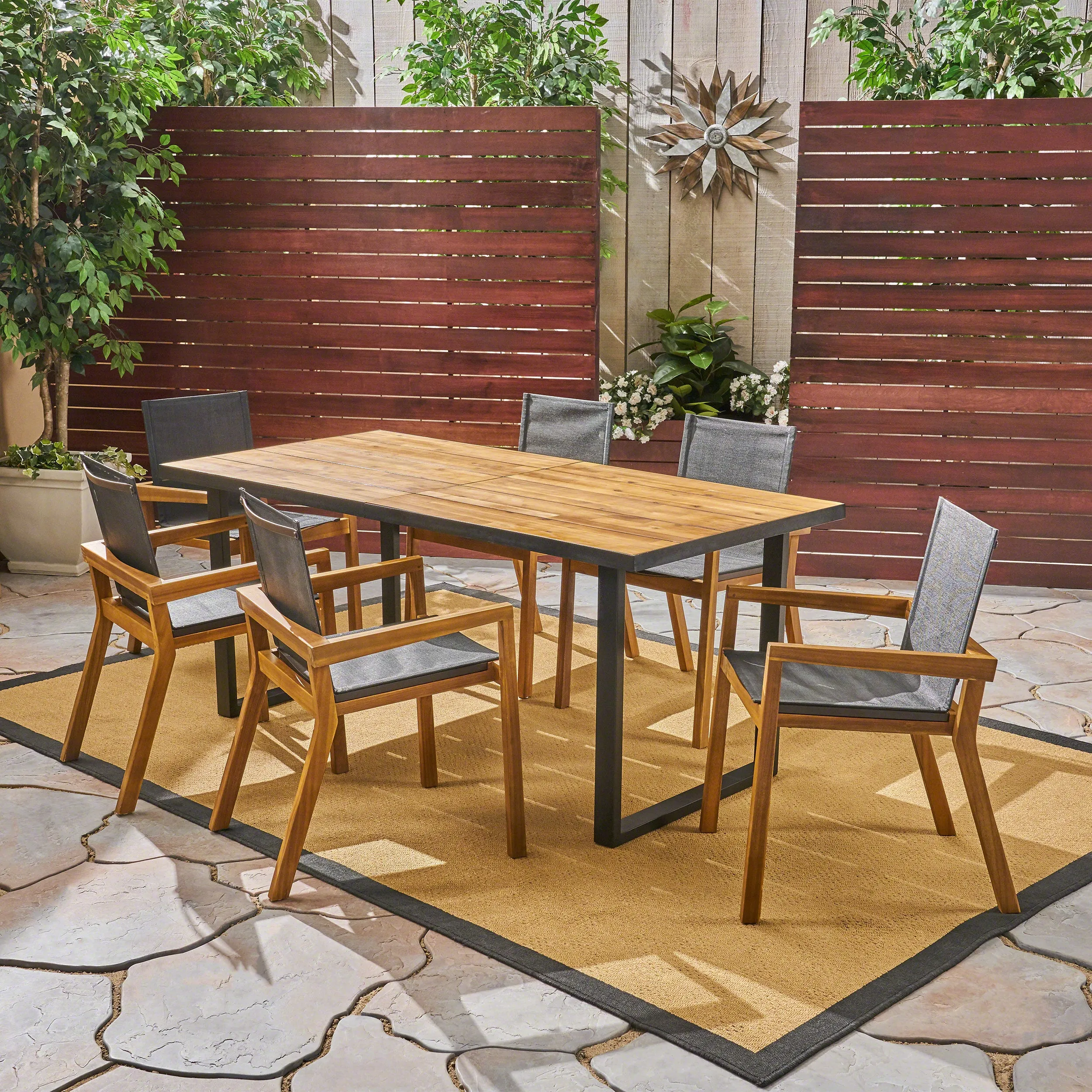 Jasmine Outdoor Acacia Wood 7 Piece Dining Set with Mesh Seats