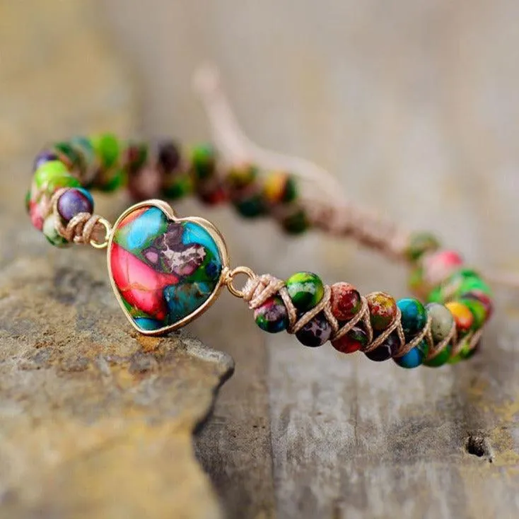 Jasper Heart Charm Braided Bracelet - colourful