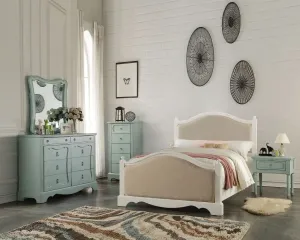 Jaxon Full Bed w/Padded Headboard, Beige Linen & Antique White