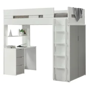 Jaxson Twin Loft Bed w/Desk and Wardrobe, White & Gray