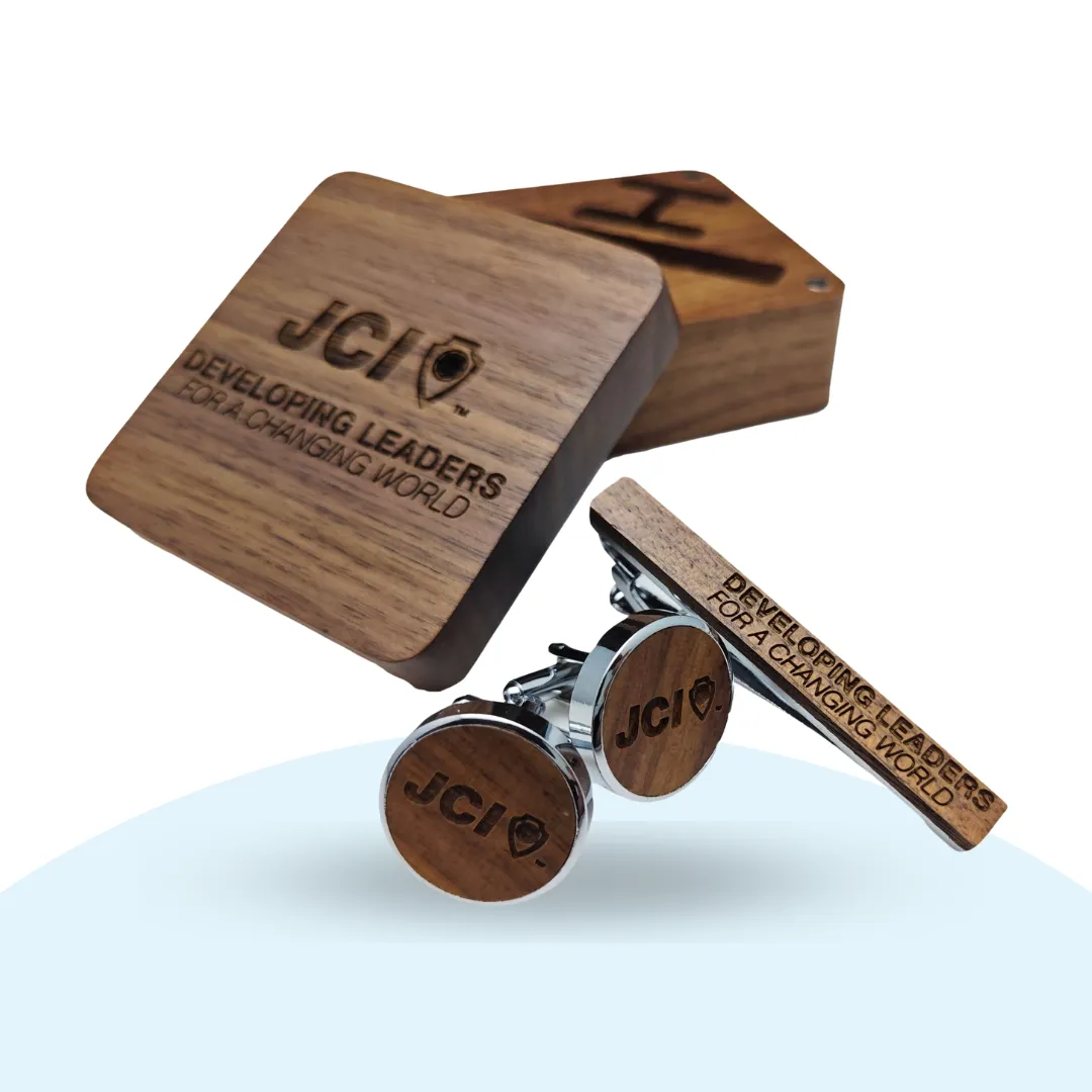 JCI Black Walnut Wooden Round Cufflinks Tie Clips With Organizer