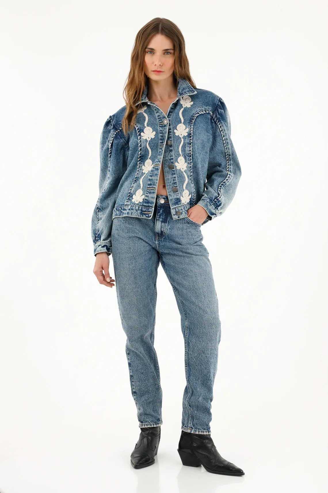 Jean Mom azul tiro alto para mujer