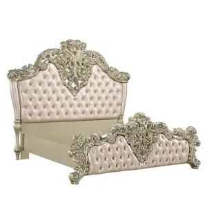 Jefferson King Bed, Faux Leather, Light Gold & Champagne Silver Finish