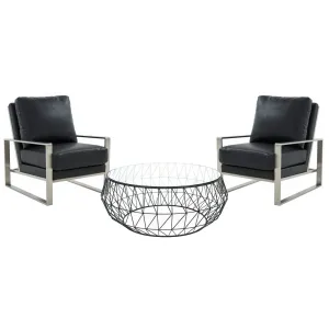 Jefferson Modern 3-Piece Living Room Set with Leather Arm Chair in Silver Frame and Round Coffee Table